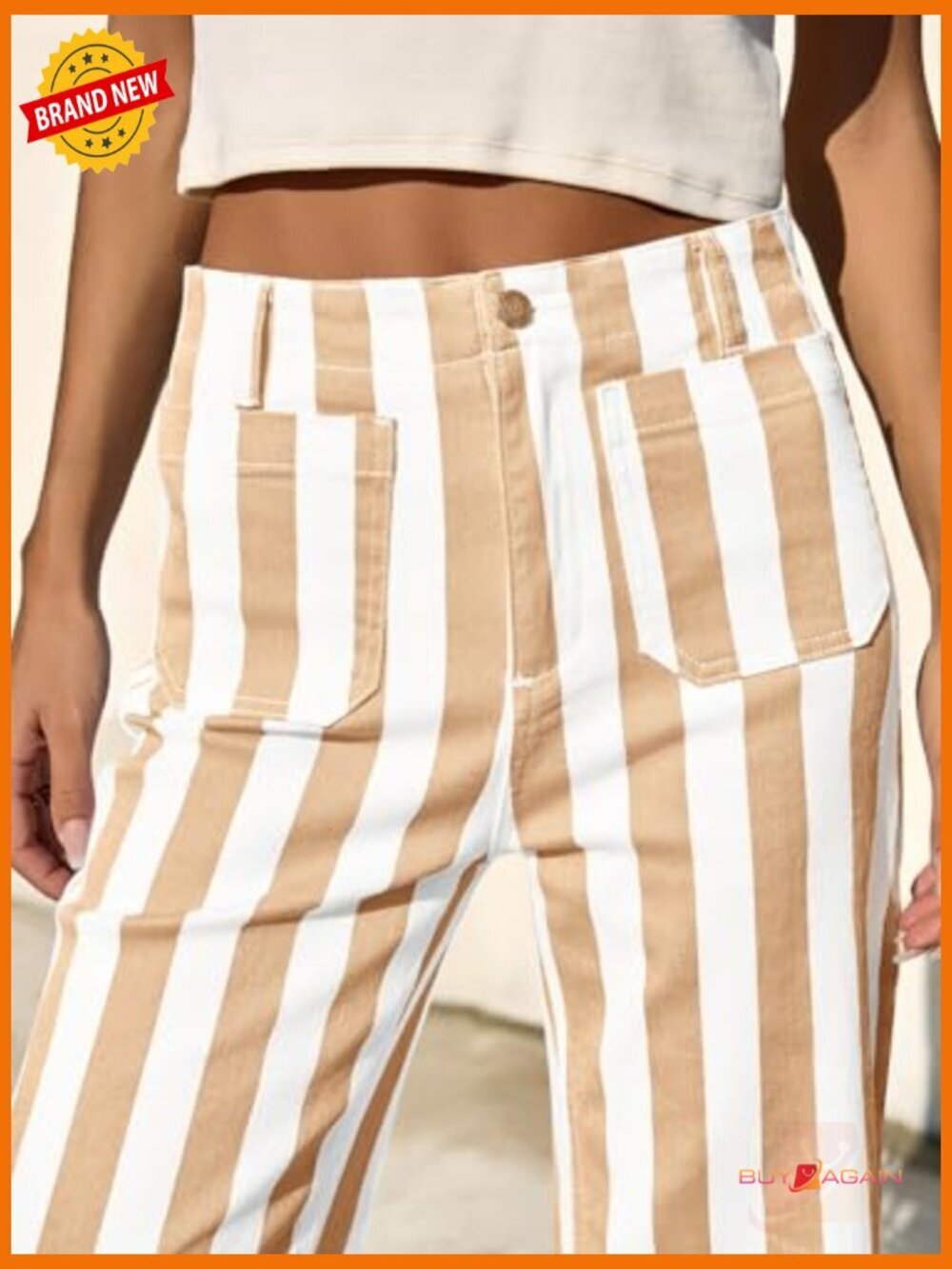 High Waisted Cropped Striped Jeans Stretchy Denim Pockets Straight Leg - Picture 4 of 7
